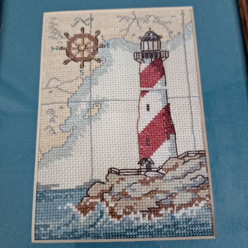 Framed Finished Cross Stitch Art Piece Lighthouse Map Coastal Nautical 9x11 - Picture 2 of 8