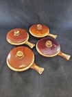 4 Hull Pottery Soup Bowls with Lids and Handles USA Oven Proof Brown Drip MCM