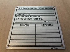 Vintage B.F. GOODRICH Tire Co Aluminum Metal Sign Tag TOOL RECORD Akron OH #18
