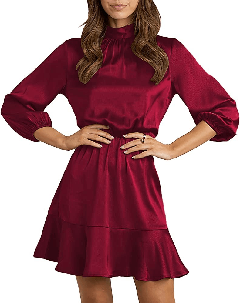 Burgundy size small Satin Short Dress Long Lantern Sleeve Ruffle A-Line Mini Dre