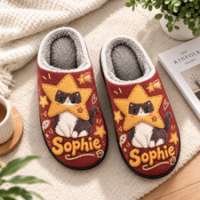 Custom Name Cute Star Cat Plush Slippers Red Cozy Warm Winter Indoor Shoes