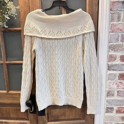 Madison Studio Sweater Womens L (Med) Cream Pointelle Knit Portrait Neck