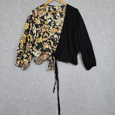 Saffron Road Top Blouse Womens 2 Wrap Floral Tie Boho Hippie Festival Gypsy 