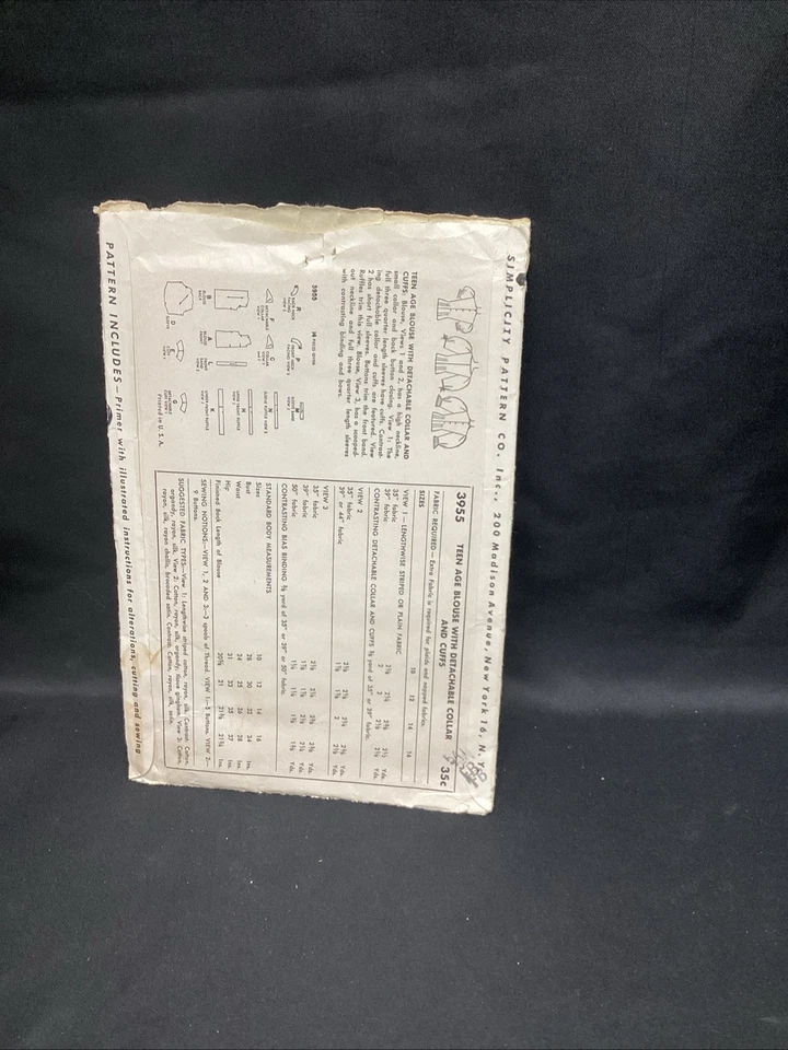 Vtg Sewing Pattern Simplicity 3955 Misses' Teen  Blouse Puff Sleeves 12/30 - Image 3 of 4