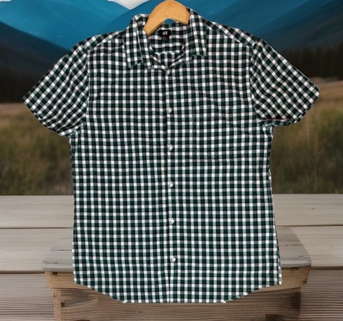 H&M MENS SHORT SLEEVE GREEN PLAID BUTTON DOWN SHIRT SIZE XL - Picture 1 of 7