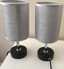 Modern Brushed Silver Table Lamps Pair with Drum Shades, Grey & Black Metal Base