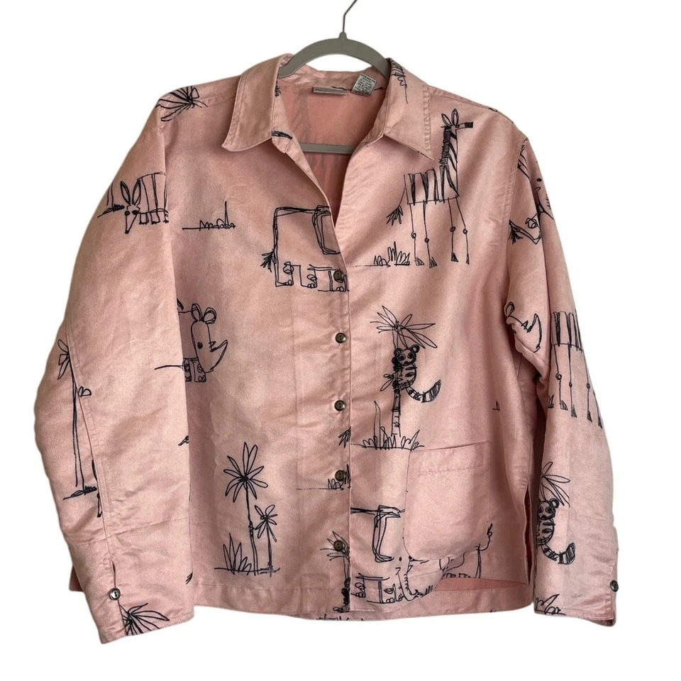 Chaqueta Chico's Rosa Imitación Gamuza Safari Animal Talla 2/Grande Arte para Usar Lagenlook
