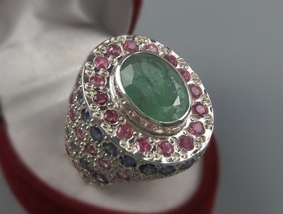 Natürlicher grüner Panjsher Smaragd antiker Herrenring - Sterling Silber 925 Handarbeit
