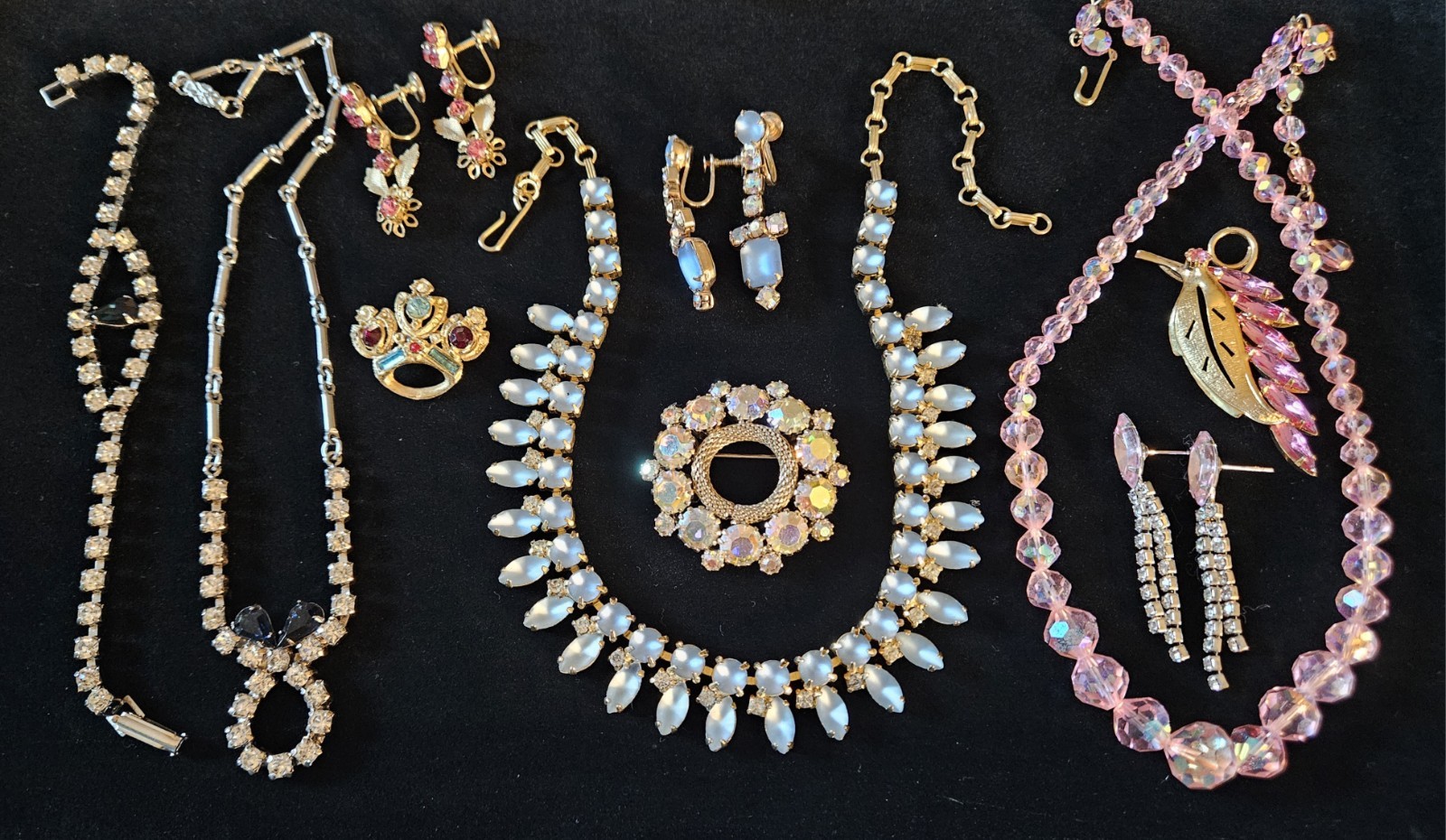 10 Pc Lot Vintage Jewelry Necklace Earring Rhinestone Bracelet Sets Weiss Brooch