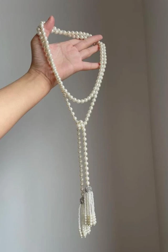 Collar de borla de perlas vintage declaración hecho a mano estilo aleta joyería con cuentas Foto 3 de 4