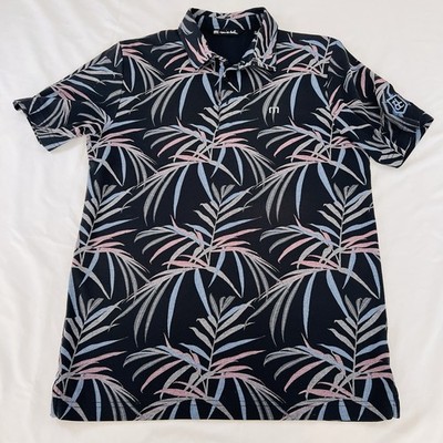 Travis Mathew Golf Buzz Words Polo Shirt Size Medium Palm Print Black Pink Blue