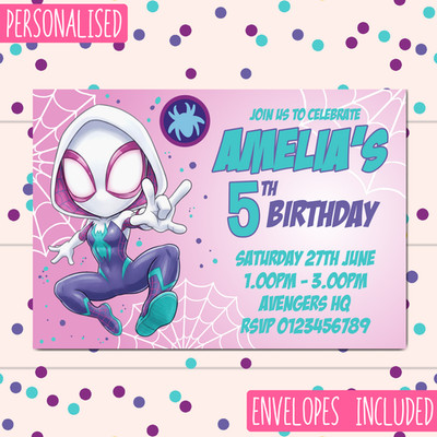 Spider Gwen Spidey Mädchen Geburtstag Party Einladungen Kindereinladungen Umschläge