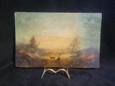 Folk Art Rustic Primative Oil Painting Wood Board Landscape Woman And Donkey
