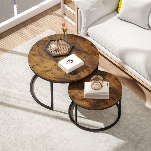 HOMCOM 2 Pcs Stacking Coffee Table Set with Steel Frame, Rustic Brown - Picture 8 of 11