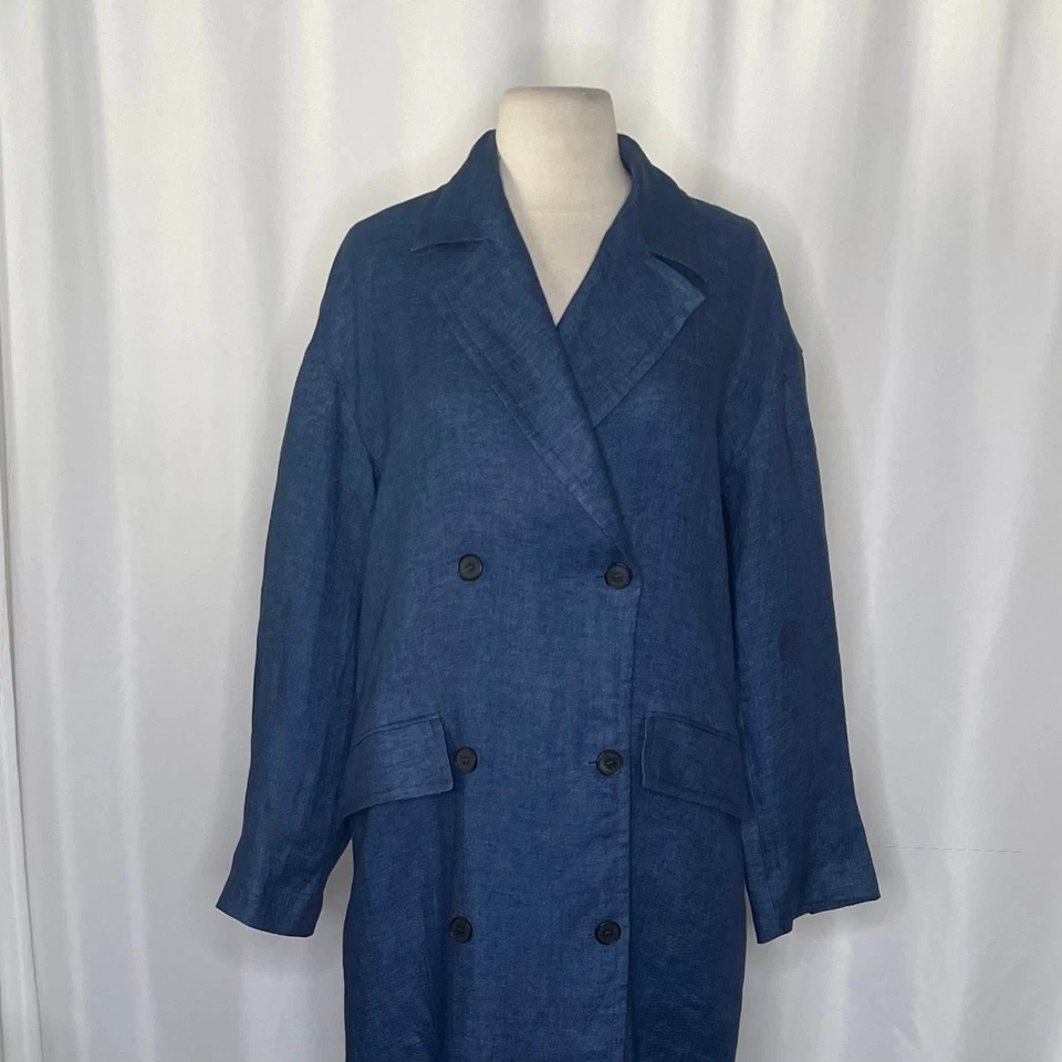ZARA Limited Edition Linen Coat Buttons Pockets Double Breasted Blue X-Small - Image 3 of 4