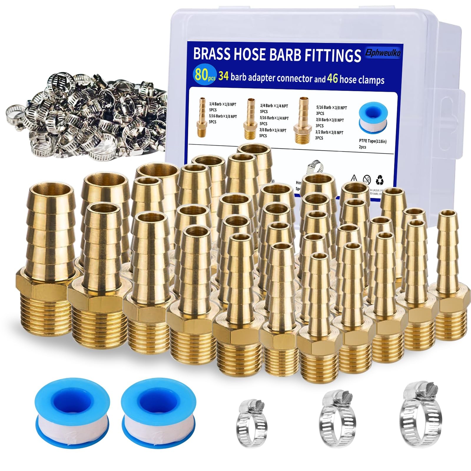 34Pcs Brass Hose Barb Fittings Kit 3/16", 1/4", 5/16", 3/8", 1/2" Barb to 1/...