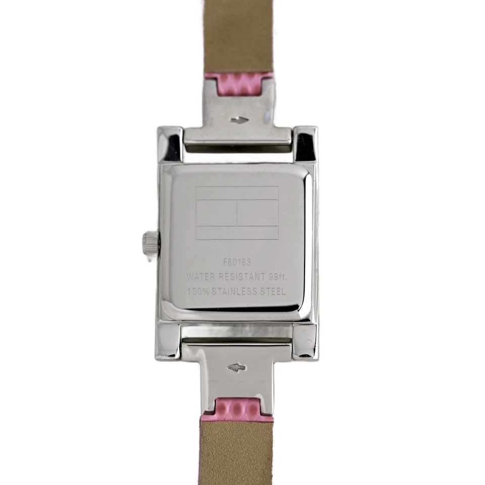 Reloj Tommy Hilfiger para mujer plateado rectangular esfera blanca correa de cuero rosa Foto 4 de 4