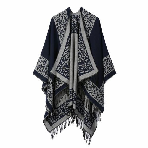 Wool Open Poncho Cape Wrap Shawl Cloak Fringe Unisex Leopard Print Street Casual - Picture 3 of 8