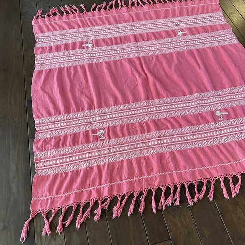 Vintage Cas-Cer Mexiko rosa Handarbeit gewebtes Tuch Vögel Fransen Tischdecke Überwurf 1950er - Bild 16 von 22