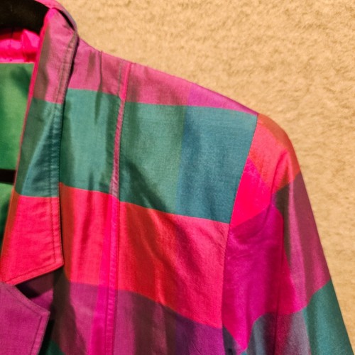 Handsewn Pink Teal Blue Tartan Jacket Blazer Approx Size Large Dopamine Lined - Picture 6 of 8