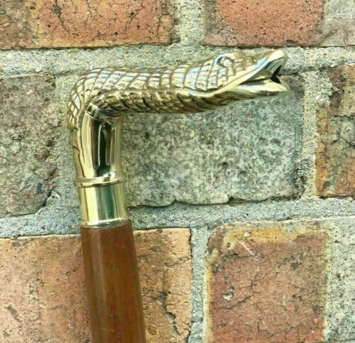 Vintage Walking Stick Brass Snake Head Handle Nautical Stick Wooden Cane Sticks - Picture 2 of 5