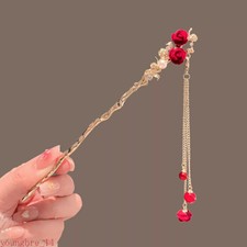 Chinese Rose Hairpin Classic Gold Long Tassel Hair Clip Decoration Handmade