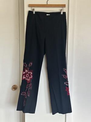 VTG 90s Y2K Cache Black Flare Pants Trousers Sz 6 Beaded Sequin Red Floral Sides