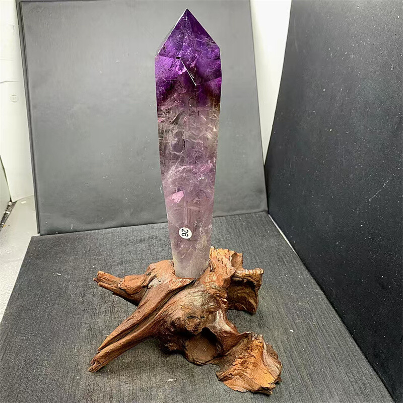 1.69LB Top Natural Amethyst Obelisk Point Quartz Healing Crystal Wand+stand