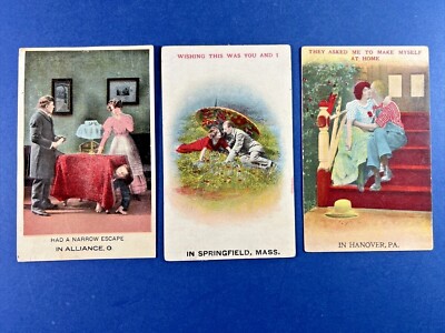 3 Couples Romance Greetings Antique Postcards. City Names. PUBL: Bamforth.  