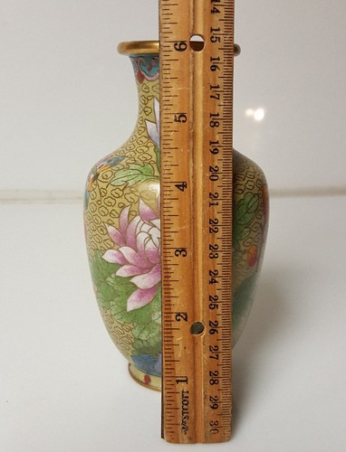 Cloisonne Vase Yellow with pink floral pattern Beautiful Butterfly 6" - Bild 3 von 7