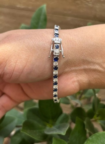 Natural 7.30 Ct Round Sapphire Diamond Line Tennis Bracelet 14K Real White Gold - Picture 9 of 13