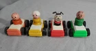 Vintage Fisher Price Little People Lot 4 Wood Body Peg People & 4 Vehicles