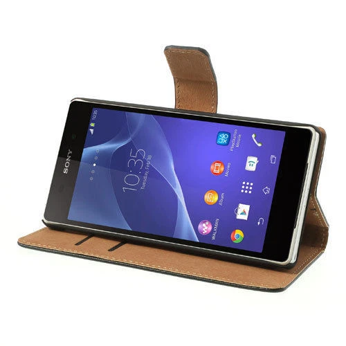 Reino Unido Funda de cuero real negra de lujo con ranura para tarjetas para SONY XPERIA MOBILE Foto 2 de 4