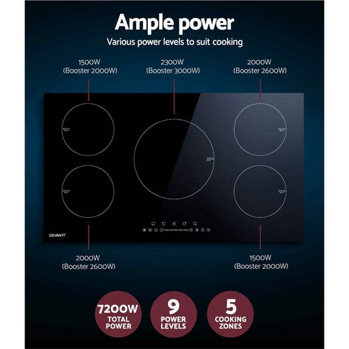 Devanti 90cm Induction Cooktop 5 Zone Electric Ceramic Touch Control Hob - Picture 5 of 8