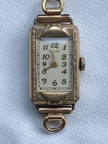 VINTAGE ELGIN 10K vergoldete schöne weiße rechteckige Uhr - reparaturbedürftig