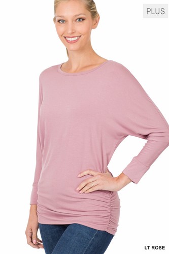 1X 2X 3X Luxe Rayon Round Neck Dolman 3/4 Sleeve Ruched Sides Top Blouse - Picture 23 of 24