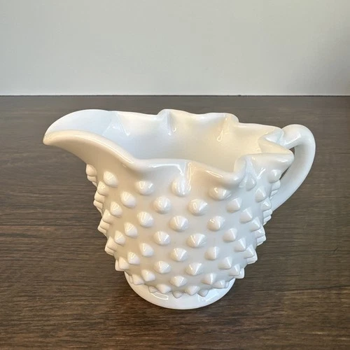 White Milk Glass Hobnail Star Crimped Edge Creamer Pitcher By Fenton