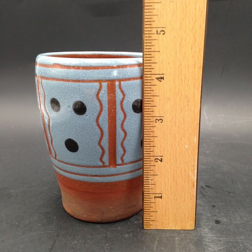 Wisconsin Pottery Redware Cup Mug Blue Polka Dots Sgrafitto Lines Signed EA - Picture 9 of 9