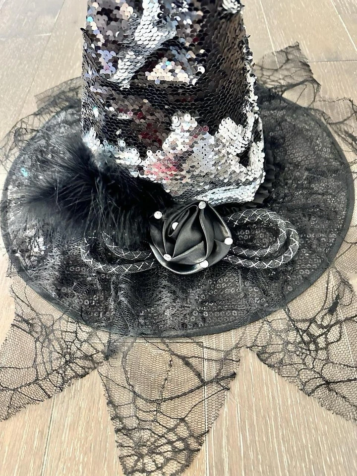 Women Feathered sequin witch Sorcerer Hat Halloween Gothic  for Cosplay Party - Image 2 of 4