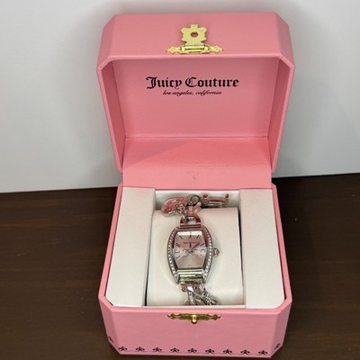 Juicy Couture Tonneau Charm Watch Crystal Bezel Silver Pink Box Y2K Excellent