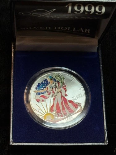Painted - 1999 American Eagle Silver 999 Fine S$1 Dollar Coin -5