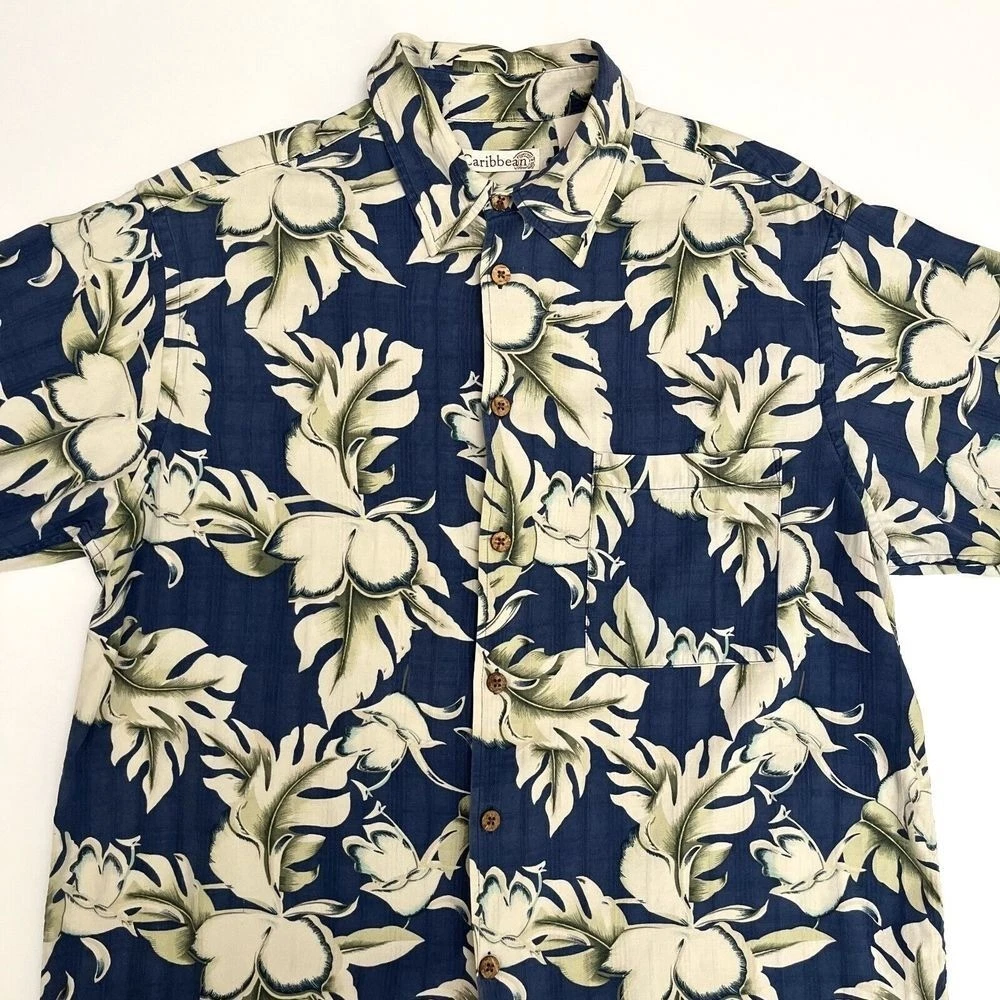 Caribbean Hawaiian 100% Silk Short Sleeve Button Down, Silk Tropical Flower T5