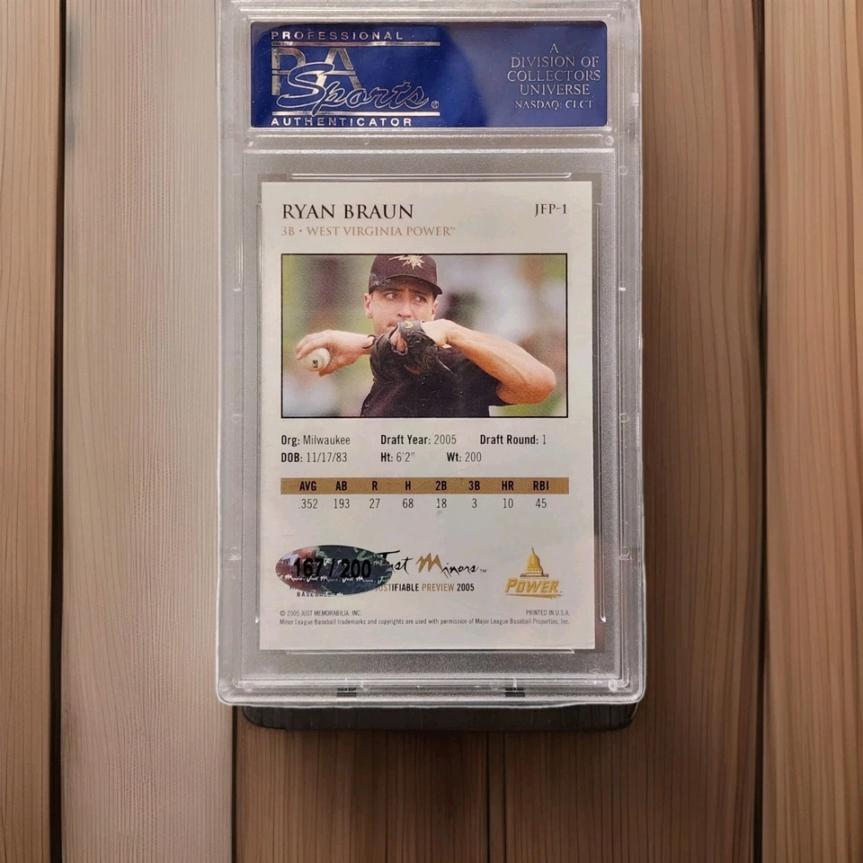 Just Minors Ryan Braun 2005 RC RARO JFP-1 167/200 PSA gema como nuevo 10 automático Foto 2 de 4