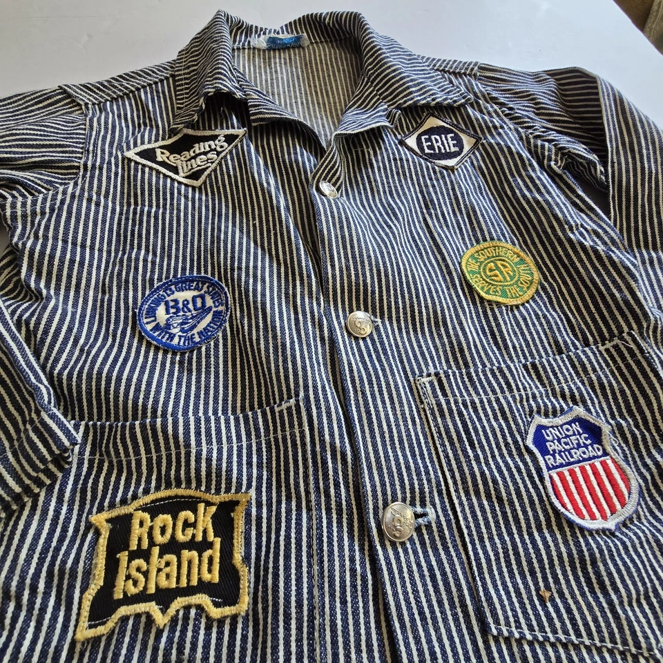 VTG 50s 60s Sarah Konel Train Conductor Outfit Childs 5-7? Striped Patches Denim - Image 3 of 4