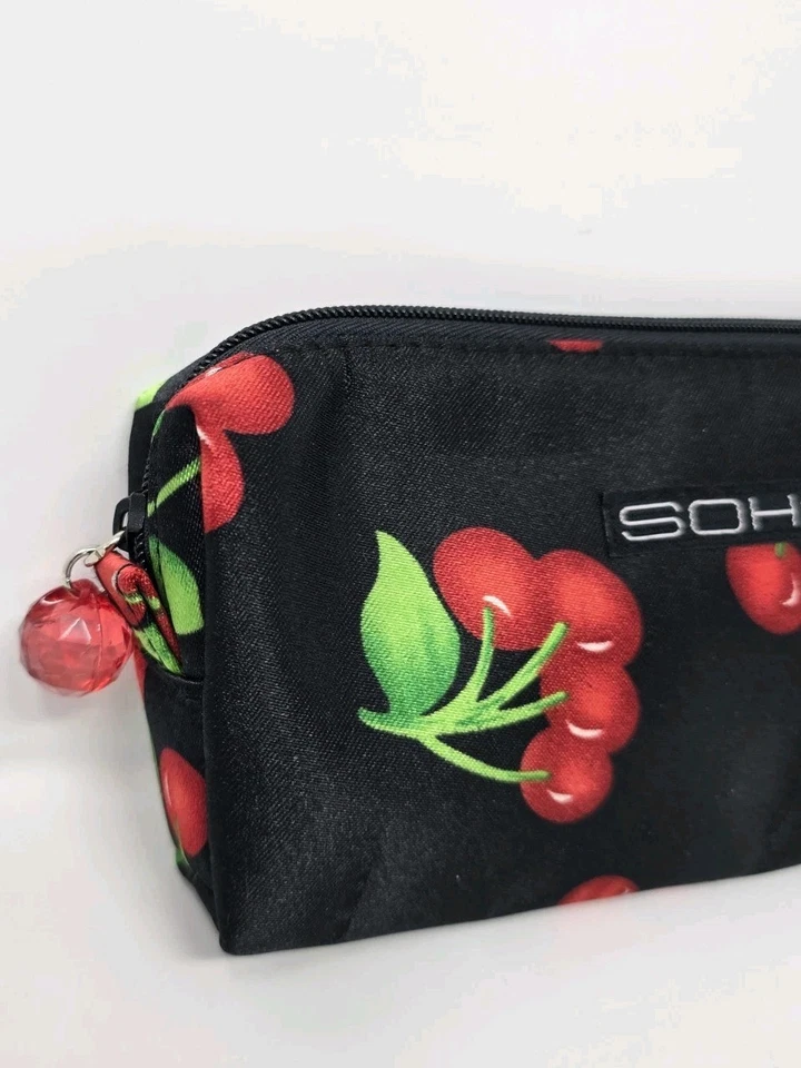 Soho Black Cosmetic Bag with Red Cherry Print – Zipper Pouch Makeup Case - Image 2 of 4