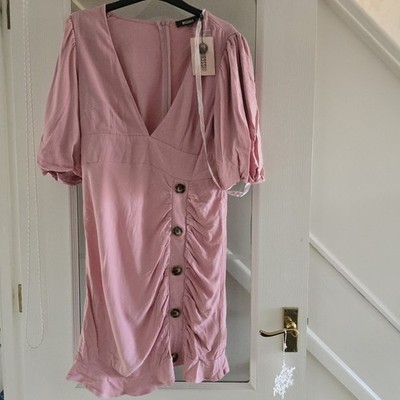 Women's Misguided Pink Cotton Summer Dress Puff Sleeves Frills Size 14 BMWT