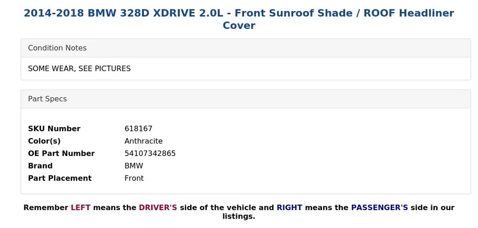 2014-2018 BMW 328D XDRIVE 2.0L - Capa para forro de teto solar frontal/telhado - Imagem 4 de 4