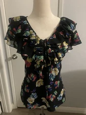 Ralph Lauren Ruffle Blouse Black Multicolor Size M With Ties