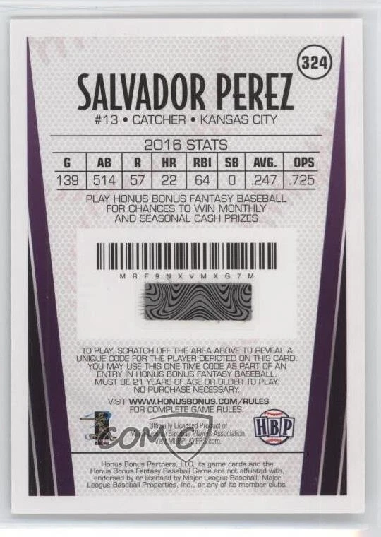 2017 Honus Bonus Fantasy Baseball Game Salvador Perez #324 - Image 2 of 2