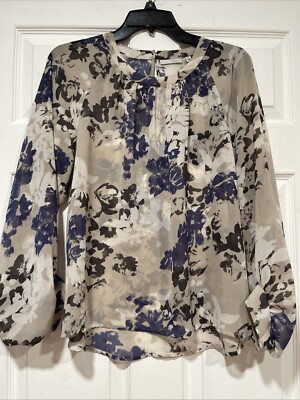 Halogen Womens Top Size M Balloon Sleeve Key Hole Back Blouse Floral Sheer